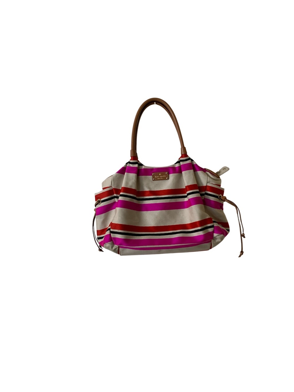 kate spade Pink, Red & Fuchsia Striped Canvas Tote with Tan Handles
